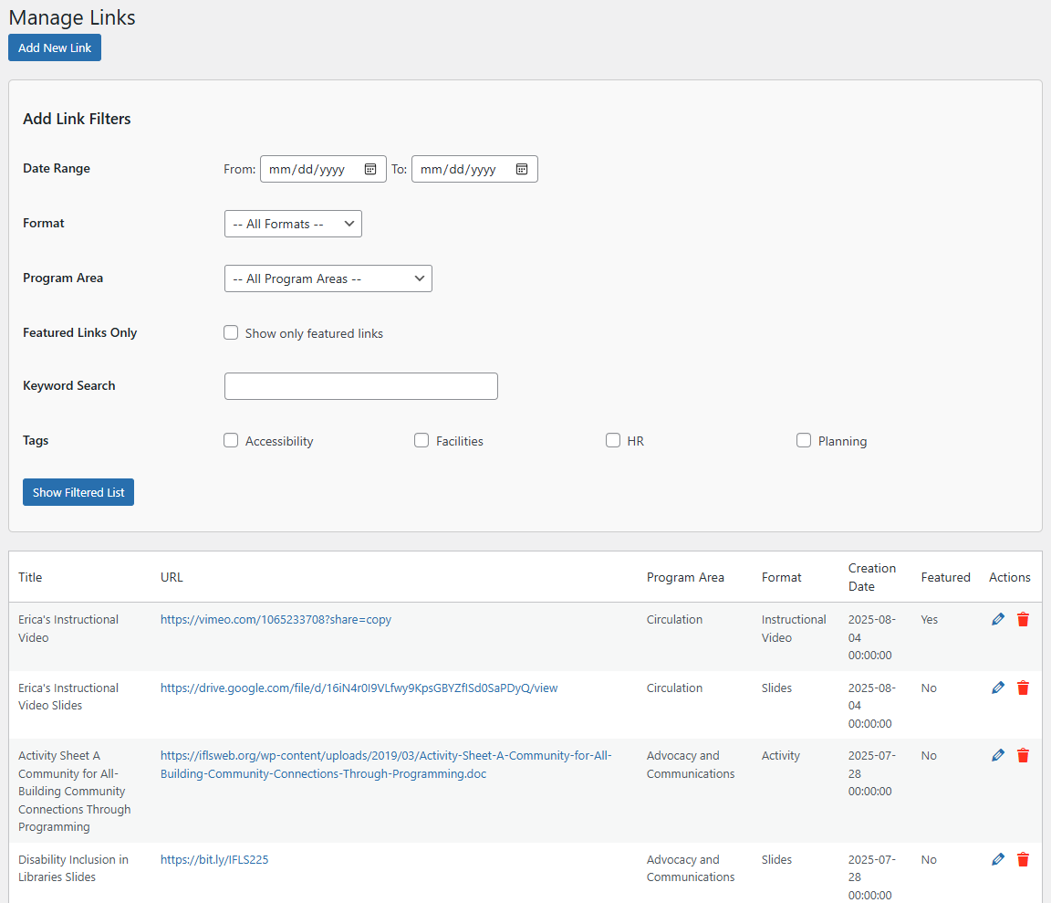 Manage Links webpage with filters and a table listing link details.