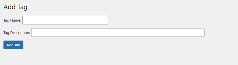 Form interface for adding a tag with fields for tag name and description.