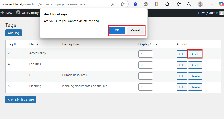 Web admin interface with a pop-up dialog asking to confirm deletion of a tag and a table listing tags with options to edit or delete.