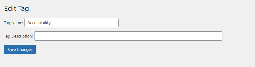 Edit Tag interface with fields for tag name and description, and a 'Save Changes' button.