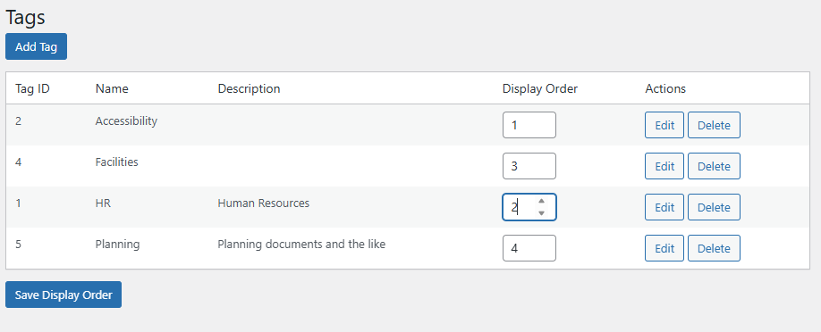 A software interface displaying a table titled "Tags" with options to edit and delete entries.
