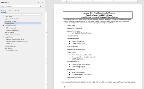 Screenshot of a document showing an example library board agenda with the Word navigation pane showing H2 and H3 headings corresponding with the heading text in the document.