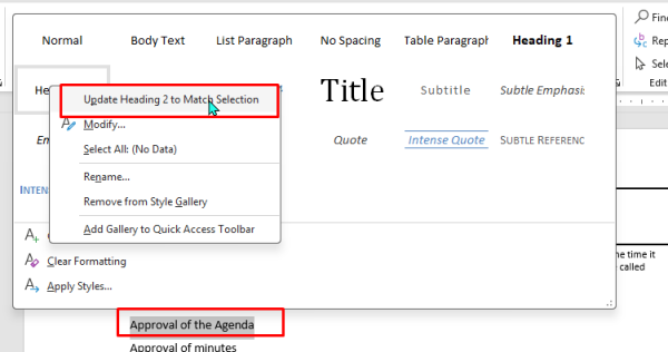 Microsoft Word styles menu with 'Heading 2'  selected with the 