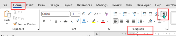 Microsoft Word toolbar showing the active Home tab with focus on the paragraph section with the 