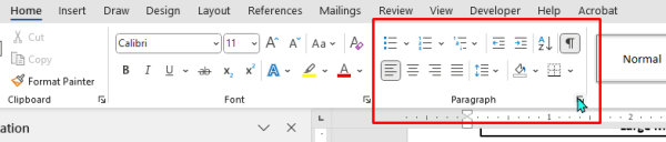 Microsoft Word toolbar with paragraph options highlighted.