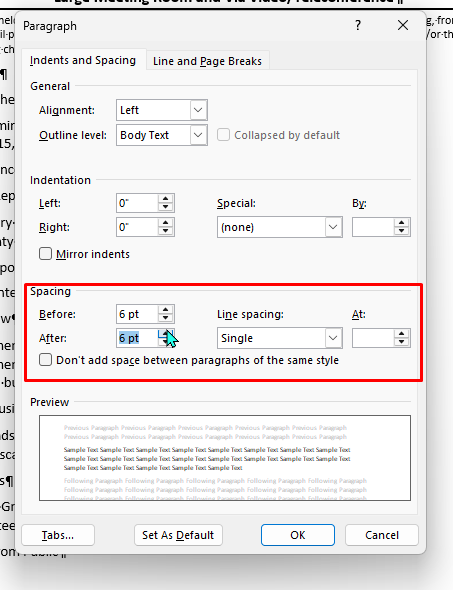 Paragraph settings dialog box in a word processor with spacing section highlighted.