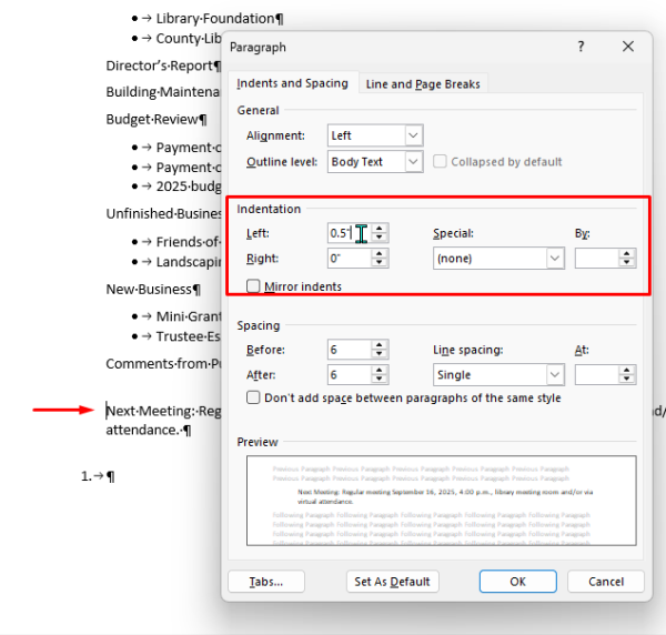 Screenshot of a paragraph formatting dialog box in a word processor, highlighting indentation and spacing settings.