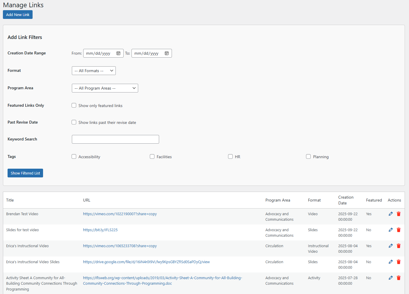 Manage Links Screen shot