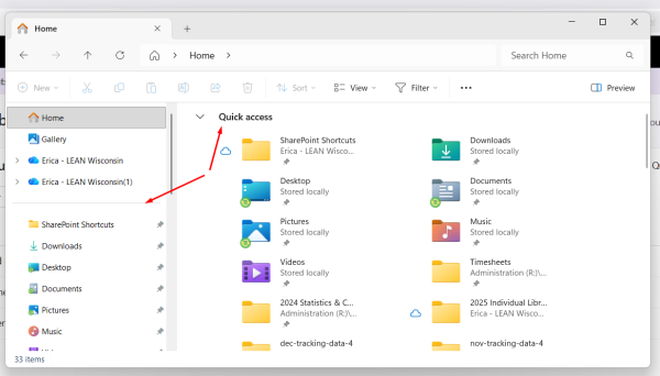 Screenshot of Windows File Explorer showing the Home directory with Quick Access folders.