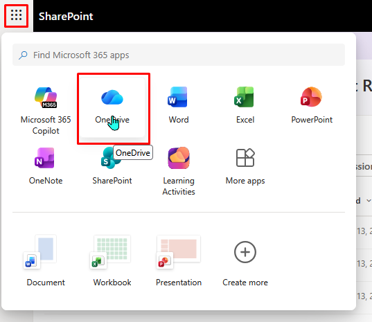 Screenshot of the MS365 start menu open from the SharePoint library page with the cursor hovering over the OneDrive icon.