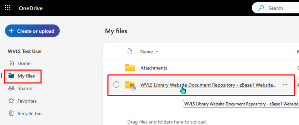 Screenshot of the browser view of OneDrive with the My files navigation selected and showing the shortcut to the SharePoint document repository library.