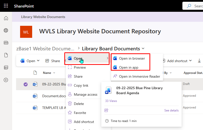 Screenshot of the document repository with a document menu open to show options for opening the document for editing.