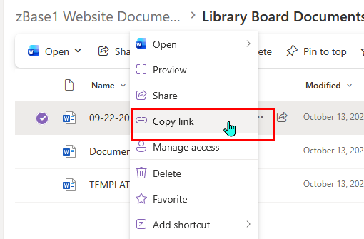 Screenshot of SharePoint online with the right-click shortcut menu open and