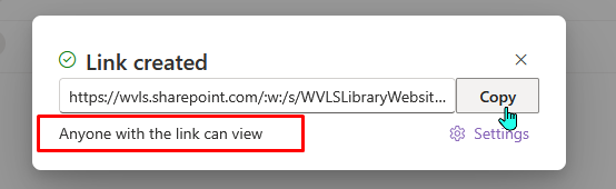 Screenshot of the Link created dialogue with