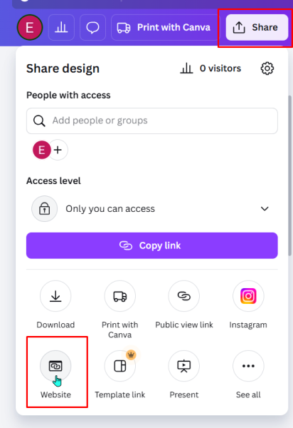 Screenshot of Canva design-sharing interface with options highlighted for 