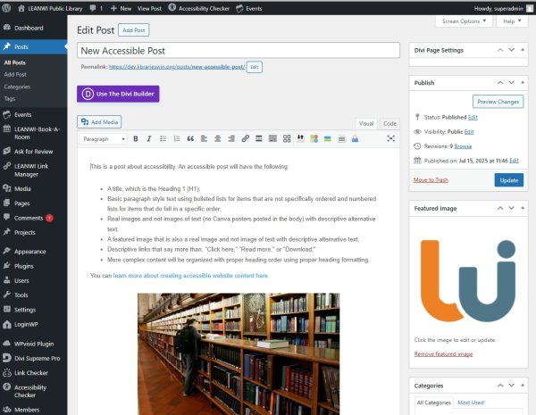 WordPress dashboard showing an editing post interface with a post about accessibility guidelines.