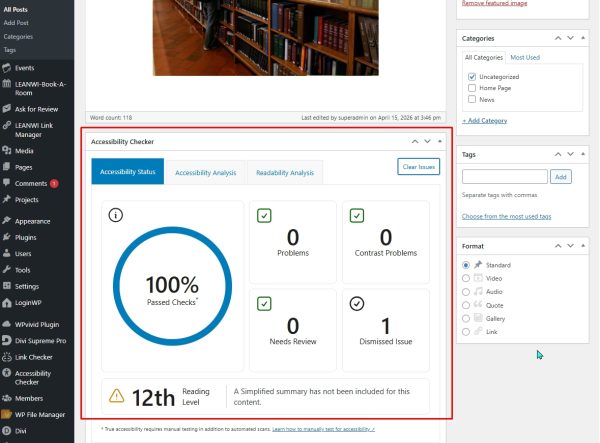 Screenshot of the WordPress dashboard with an Accessibility Checker widget showing 100% Passed Checks.