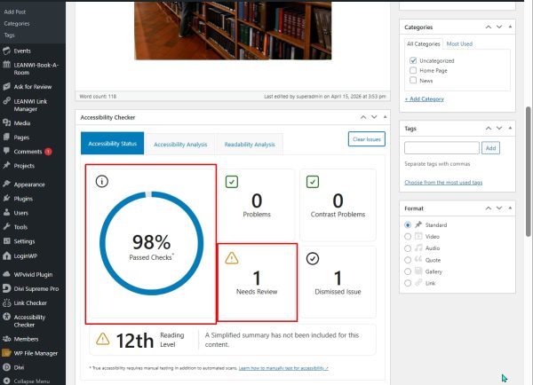 Screenshot of the WordPress dashboard with an Accessibility Checker widget showing 98% Passed Checks.
