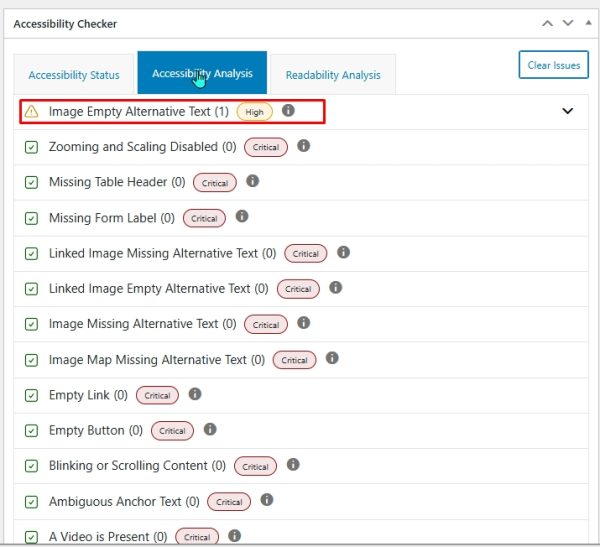 Screenshot of the Accessibility Checker interface showing various critical accessibility issues and the Accessibility Analysis tab selected.