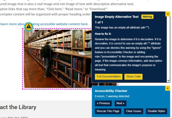 Screenshot of a webpage showing an outlined picture of a library scene with accessibility warning pop-ups indicating the image has no alternative text.