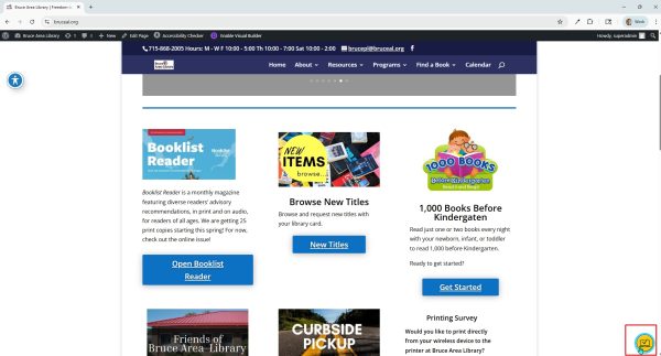 Screenshot of the Bruce Area Library website with the Equalize Digital Accessibility Checker icon in the lower right corner highlighted.