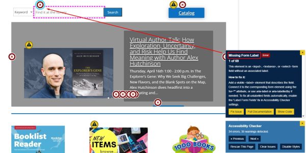 Screenshot of the Accessibility Checker scan showing a Missing Form Label error and an arrow indicating the place on the webpage with a missing form label.