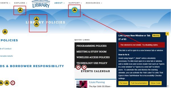 Screenshot of the Hudson Area Public Library with the Accessibility Checker error saying the element is not visible and an arrow indicating "floating" warning signs hovering above the website header.