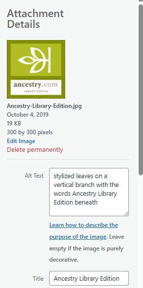screenshot of wordpress attachment details for a logo for Ancestry Library Edition and the alt text box containing descriptive alt text