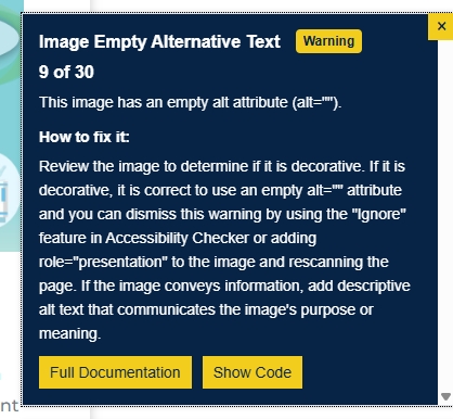 Accessibility Checker warning stating "image empty alternative text."